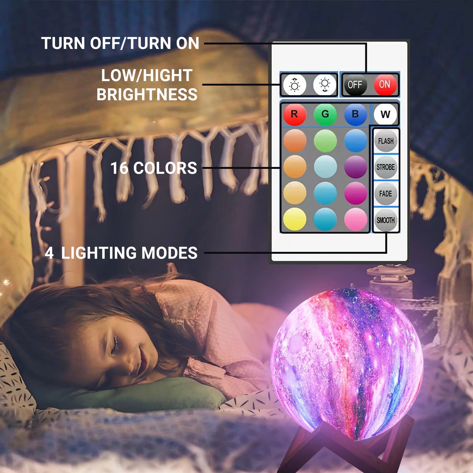 4.8Inch Galaxy Moonlight Night Light for Adults Kids, 16Colors/3D Printing Moon Lamp Night Lamp for Kids Bedroom Decor