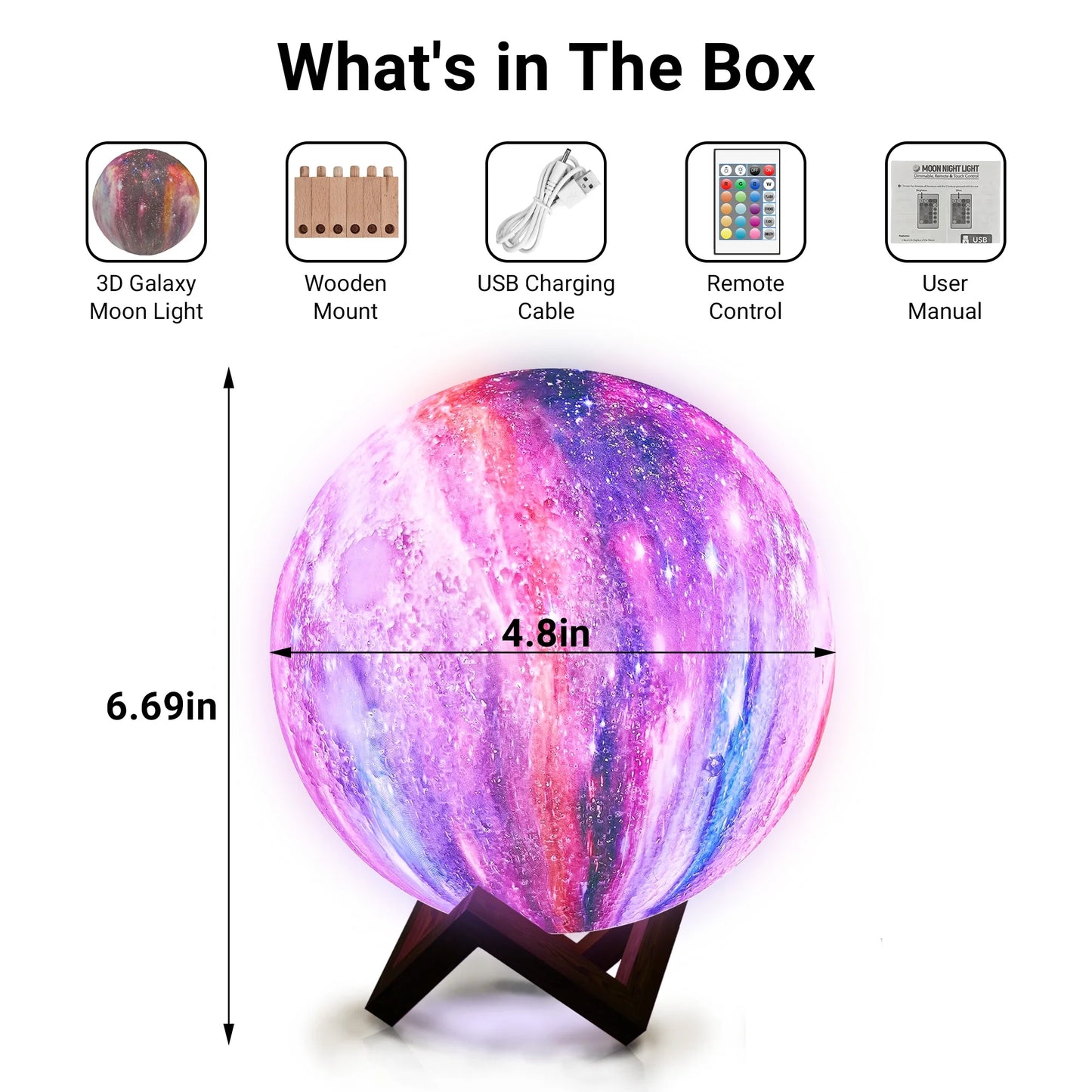 4.8Inch Galaxy Moonlight Night Light for Adults Kids, 16Colors/3D Printing Moon Lamp Night Lamp for Kids Bedroom Decor