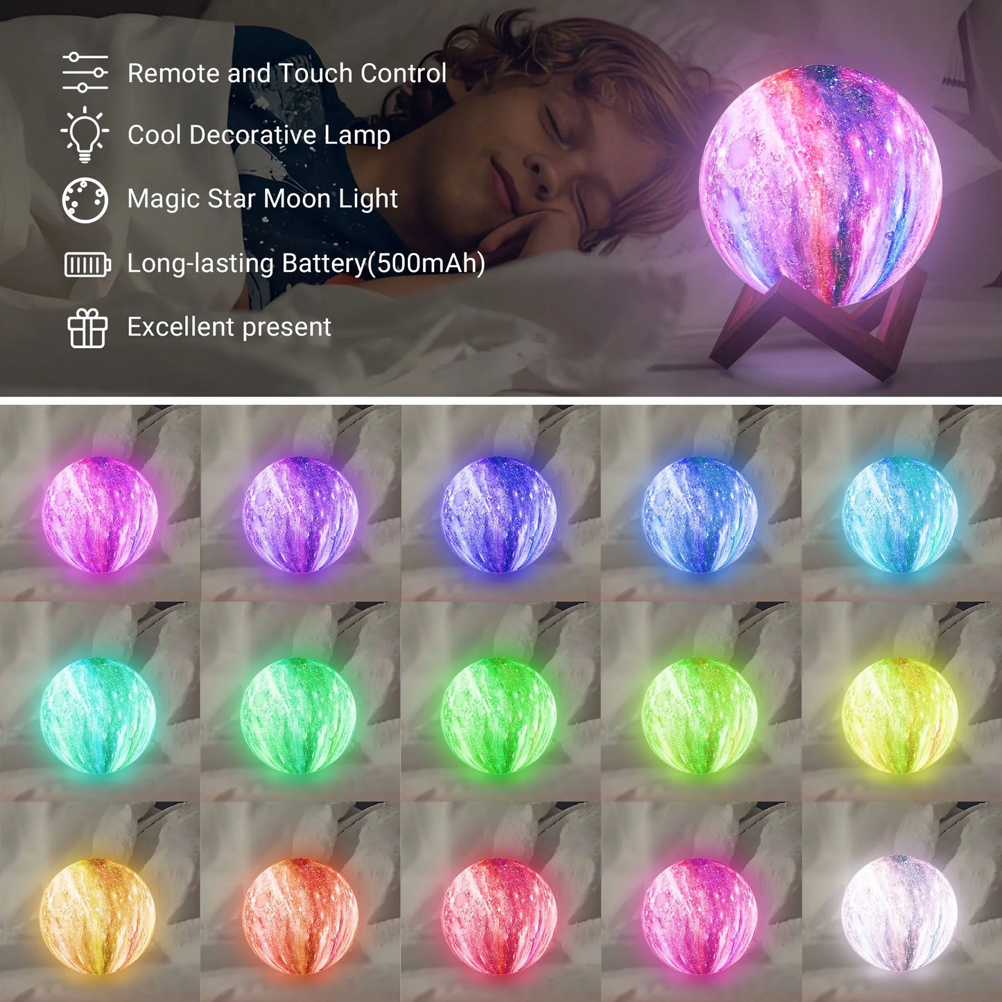 4.8Inch Galaxy Moonlight Night Light for Adults Kids, 16Colors/3D Printing Moon Lamp Night Lamp for Kids Bedroom Decor