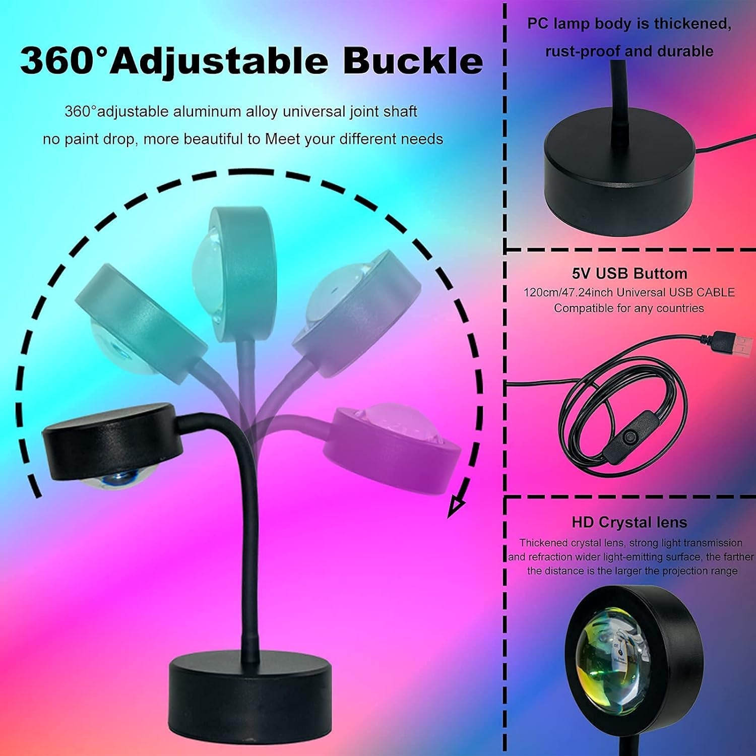 Sunset Projection Lamp LED Night Light, 360 Degree Rotation Rainbow Projector Light Floor Lamp, USB Romantic Visual Modern Stand for Bedroom Living Room Decor(Rainbow)